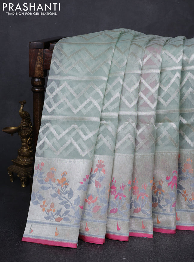 Mild Pista Green & Light Pink Kora Jamdhani Silk Saree