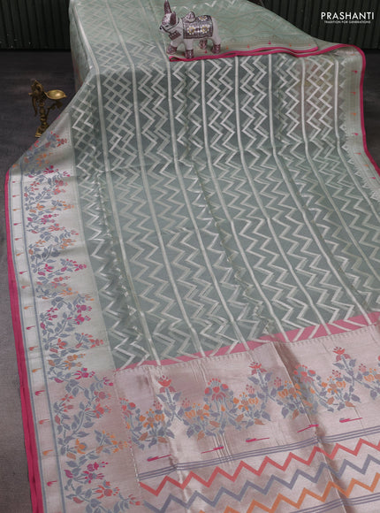 Mild Pista Green & Light Pink Kora Jamdhani Silk Saree