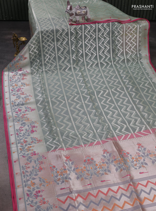 Mild Pista Green & Light Pink Kora Jamdhani Silk Saree