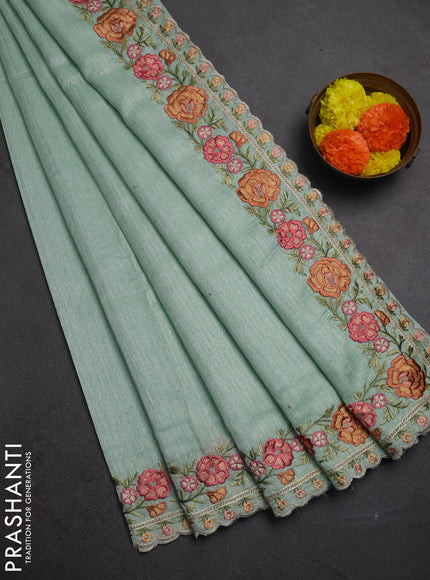 Teal Green Jute Silk Saree - Embroidery