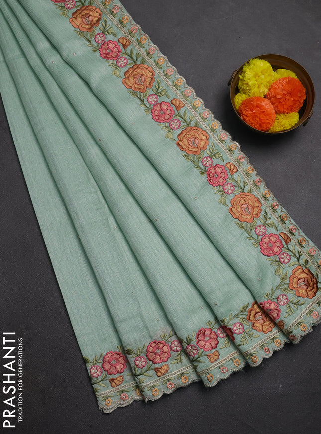 Teal Green Jute Silk Saree - Embroidery