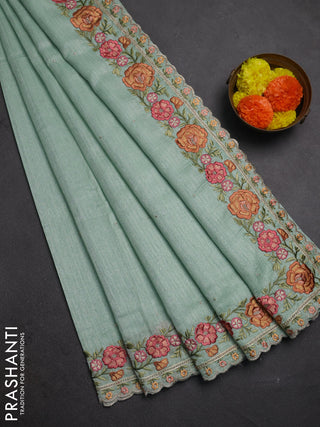 Teal Green Jute Silk Saree - Embroidery