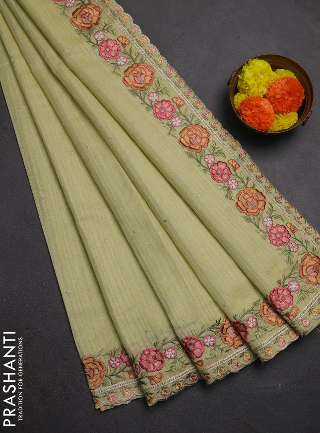 Pista Green Jute Silk Saree - Embroidery
