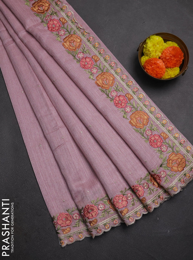 Pastel Pink Jute Silk Saree - Embroidery