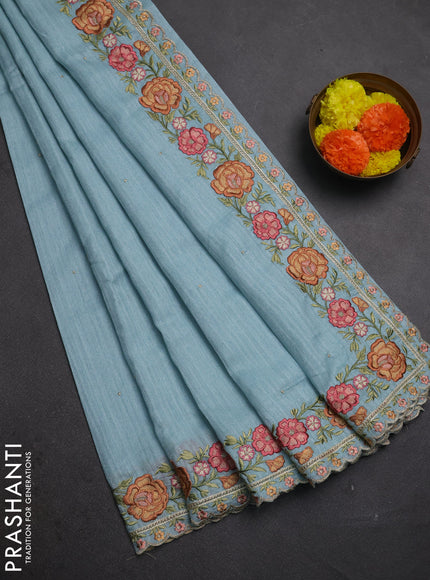 Teal Blue Jute Silk Saree - Embroidery