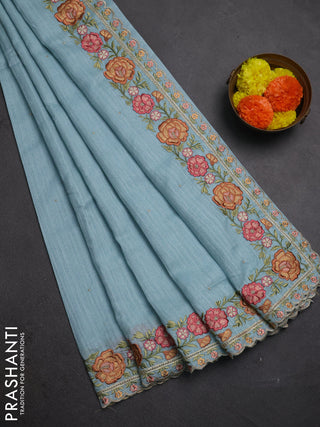Teal Blue Jute Silk Saree - Embroidery