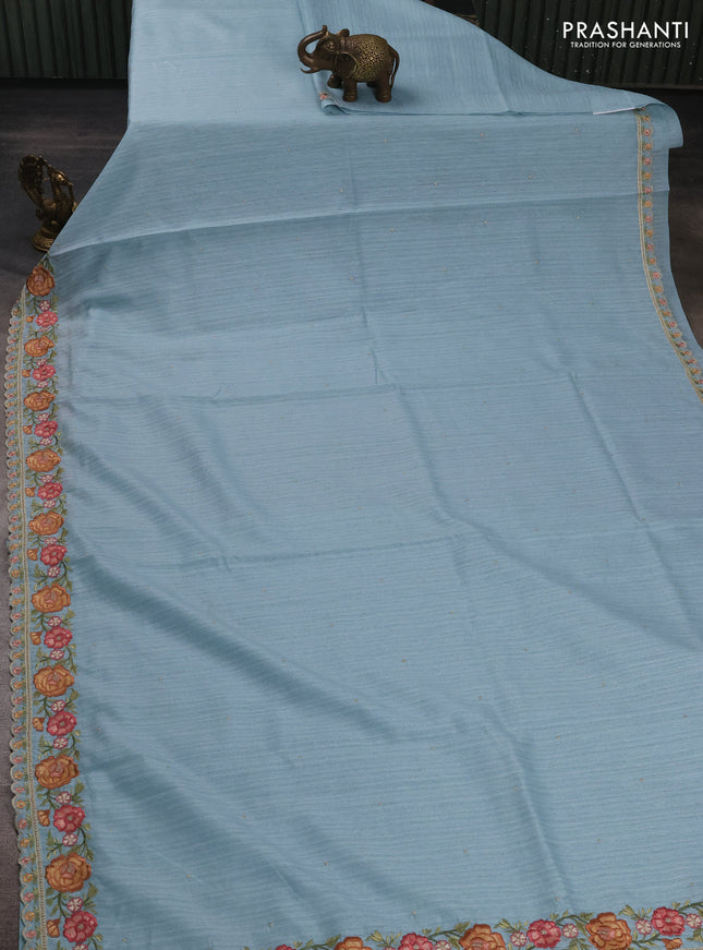 Teal Blue Jute Silk Saree - Embroidery