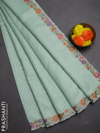 Teal Green Jute Silk Saree - Embroidery