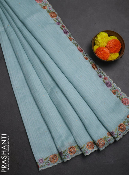 Teal Blue Jute Silk Saree - Embroidery