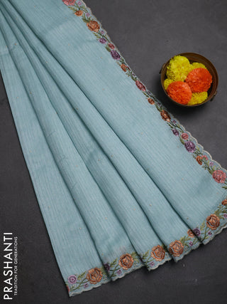Teal Blue Jute Silk Saree - Embroidery