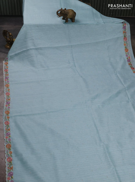 Teal Blue Jute Silk Saree - Embroidery