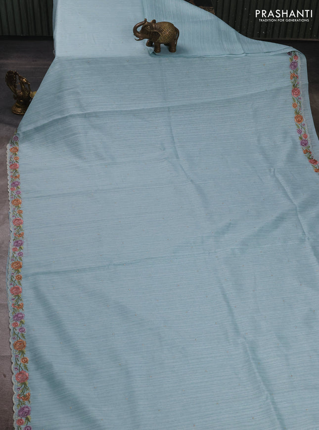 Teal Blue Jute Silk Saree - Embroidery