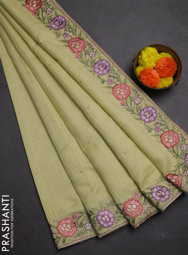 Pista Green Jute Silk Saree - Embroidery