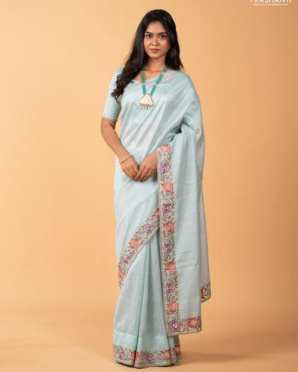 Teal Green Jute Silk Saree - Embroidery