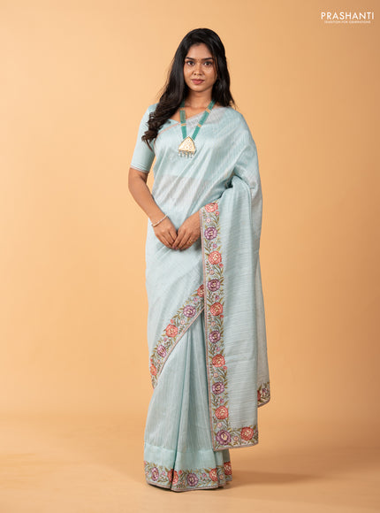 Teal Green Jute Silk Saree - Embroidery