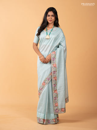 Teal Green Jute Silk Saree - Embroidery