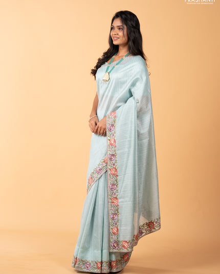 Teal Green Jute Silk Saree - Embroidery