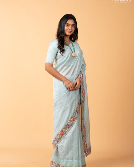 Teal Green Jute Silk Saree - Embroidery