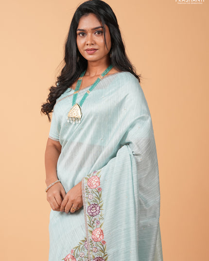 Teal Green Jute Silk Saree - Embroidery