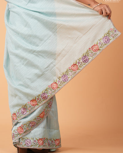 Teal Green Jute Silk Saree - Embroidery