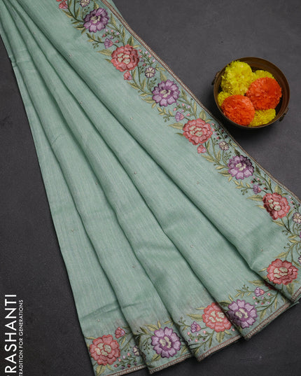 Teal Green Jute Silk Saree - Embroidery
