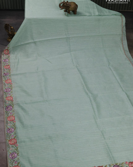 Teal Green Jute Silk Saree - Embroidery