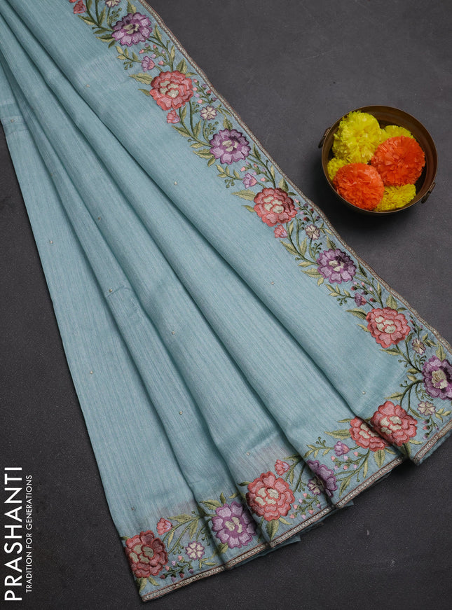 Teal Blue Jute Silk Saree - Embroidery