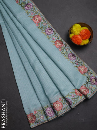 Teal Blue Jute Silk Saree - Embroidery