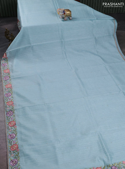 Teal Blue Jute Silk Saree - Embroidery