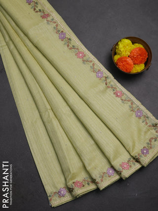 Pista Green Jute Silk Saree - Embroidery