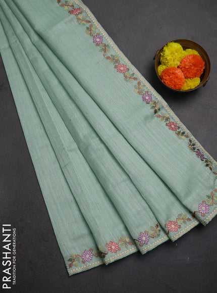 Teal Green Jute Silk Saree - Embroidery