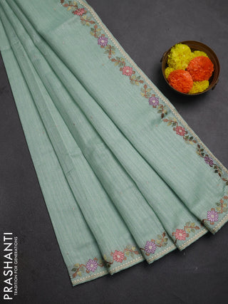 Teal Green Jute Silk Saree - Embroidery