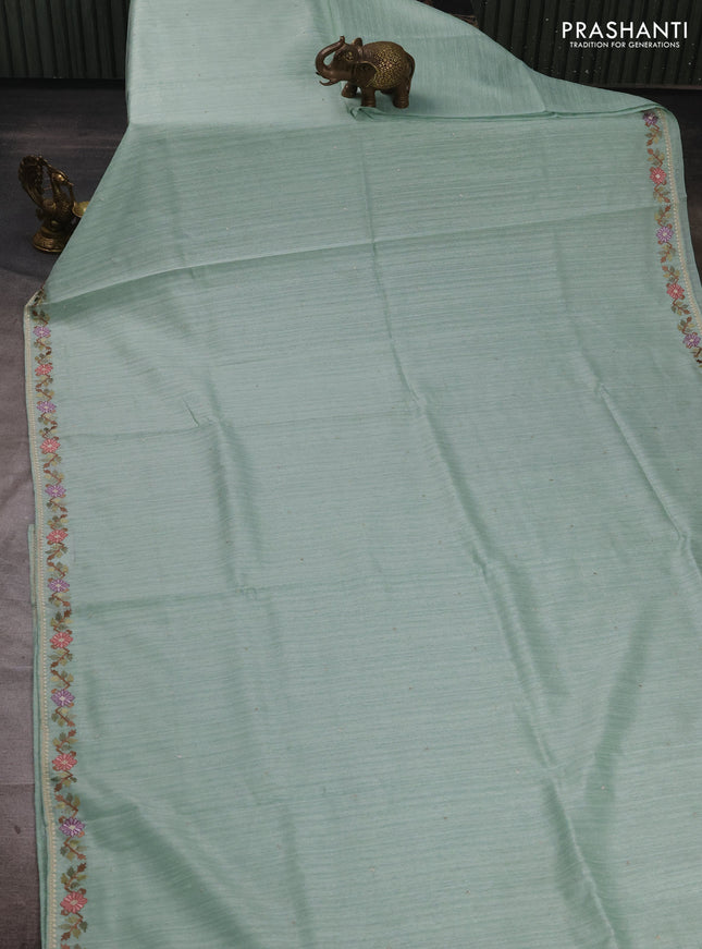 Teal Green Jute Silk Saree - Embroidery