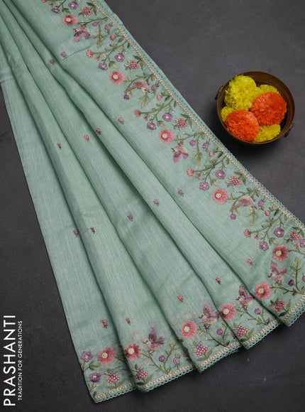 Teal Green Jute Silk Saree - Embroidery