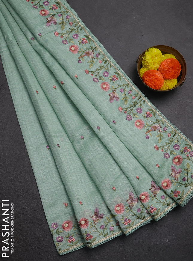 Teal Green Jute Silk Saree - Embroidery