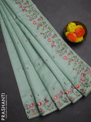 Teal Green Jute Silk Saree - Embroidery