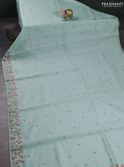 Teal Green Jute Silk Saree - Embroidery