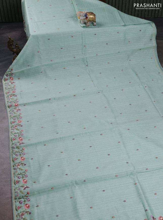 Teal Green Jute Silk Saree - Embroidery