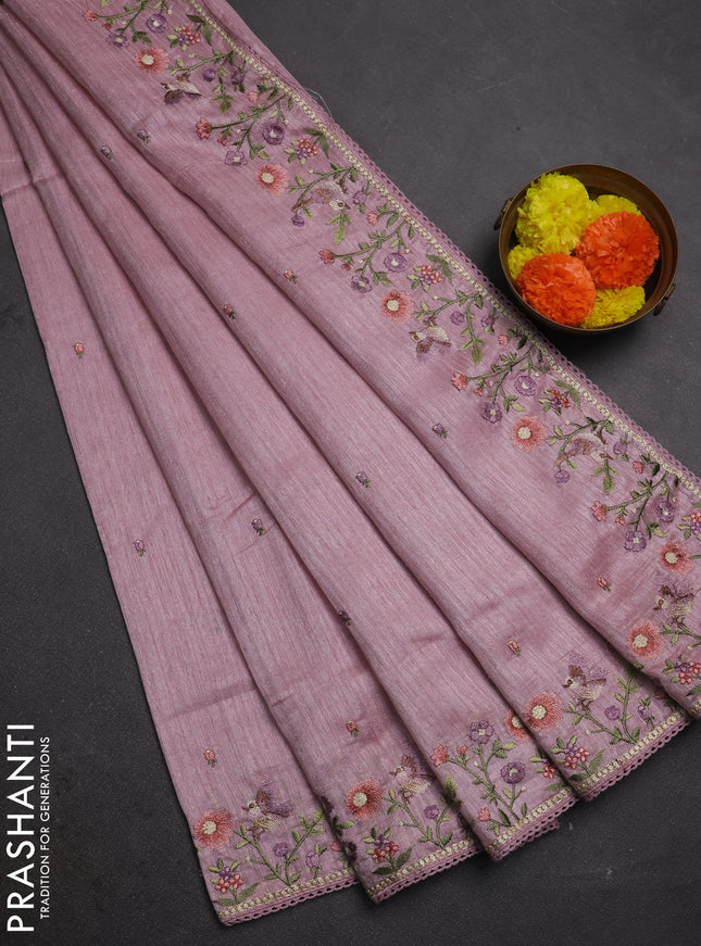 Pastel Pink Jute Silk Saree - Embroidery