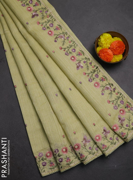 Pista Green Jute Silk Saree - Embroidery