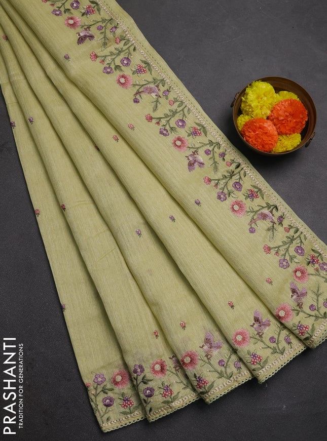 Pista Green Jute Silk Saree - Embroidery