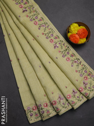 Pista Green Jute Silk Saree - Embroidery