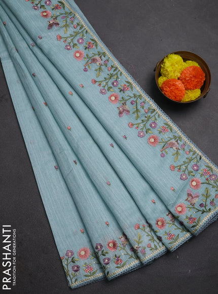Teal Blue Jute Silk Saree - Embroidery