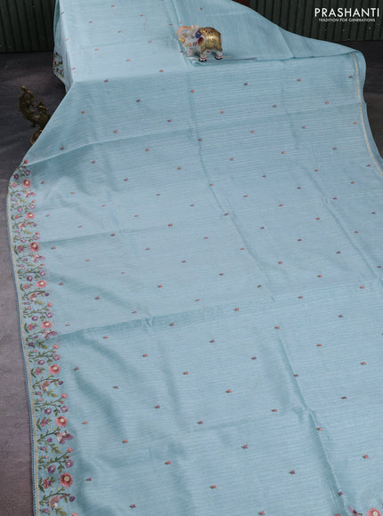 Teal Blue Jute Silk Saree - Embroidery