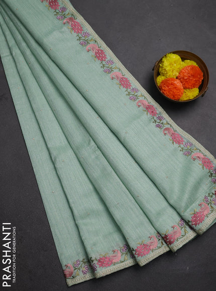 Teal Green Jute Silk Saree - Embroidery