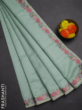 Teal Green Jute Silk Saree - Embroidery