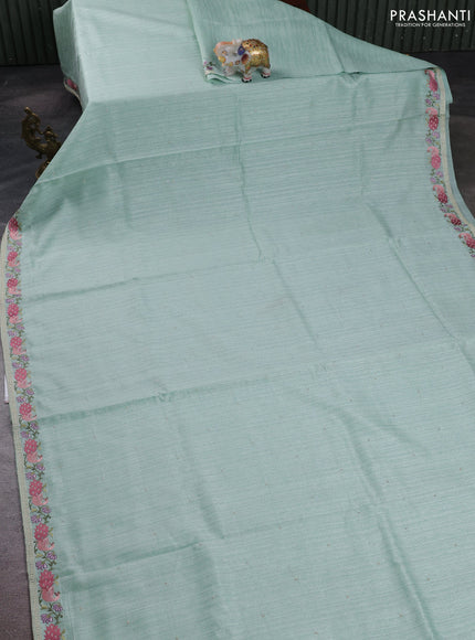 Teal Green Jute Silk Saree - Embroidery