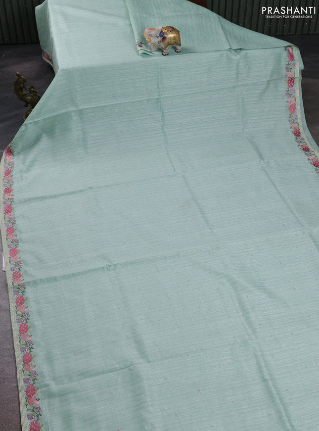 Teal Green Jute Silk Saree - Embroidery