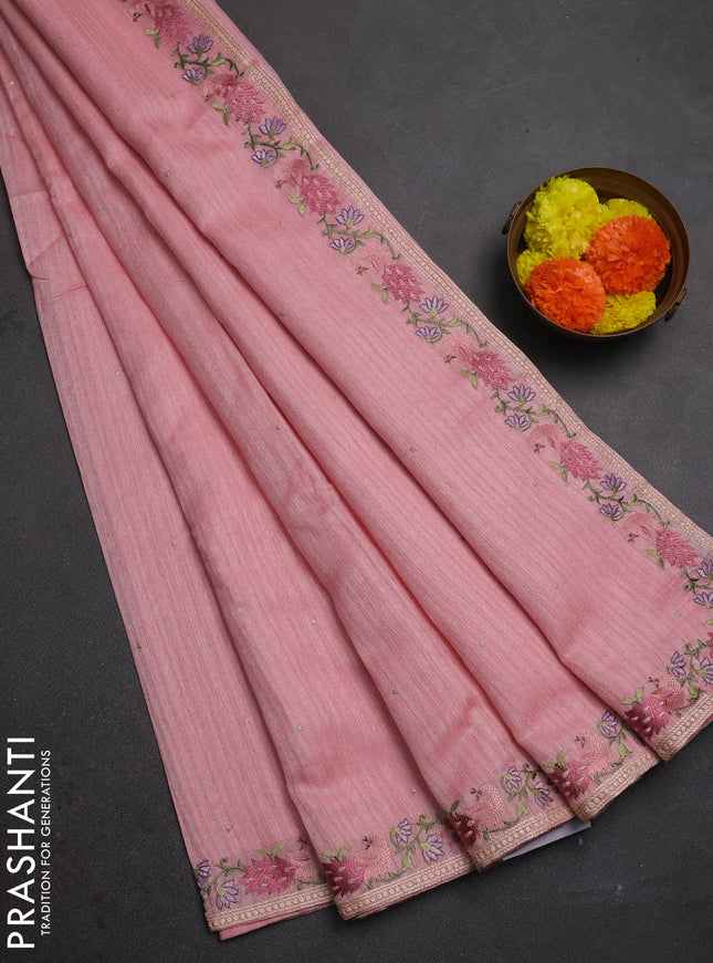 Peach Jute Silk Saree - Embroidery