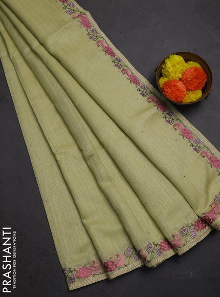Pista Green Jute Silk Saree - Embroidery